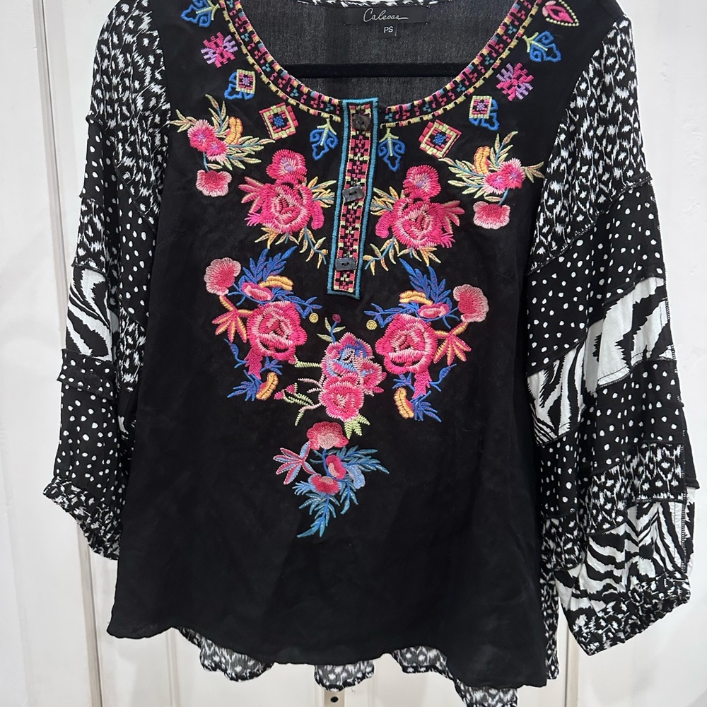 CALEAAS Black Blouse with Vibrant Embroidery